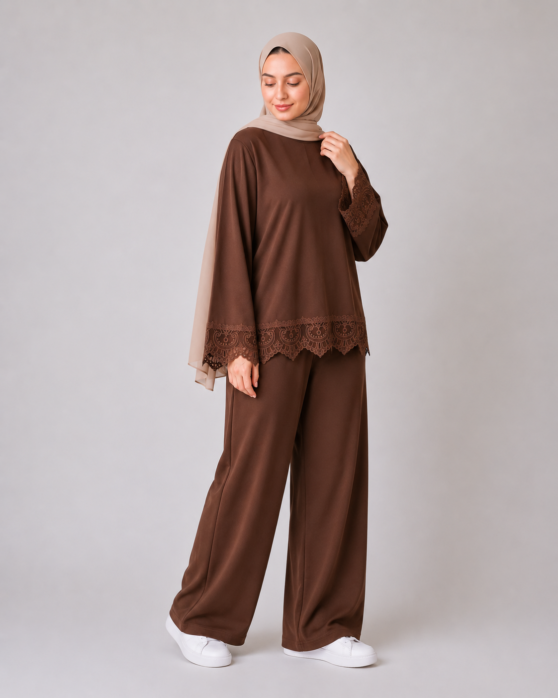 Misska Brown Oversized Lace Top