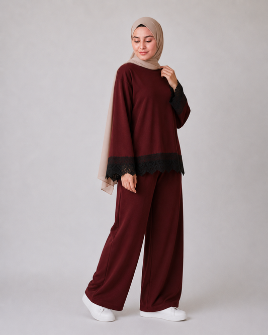 Misska Burgundy Oversized Lace Top