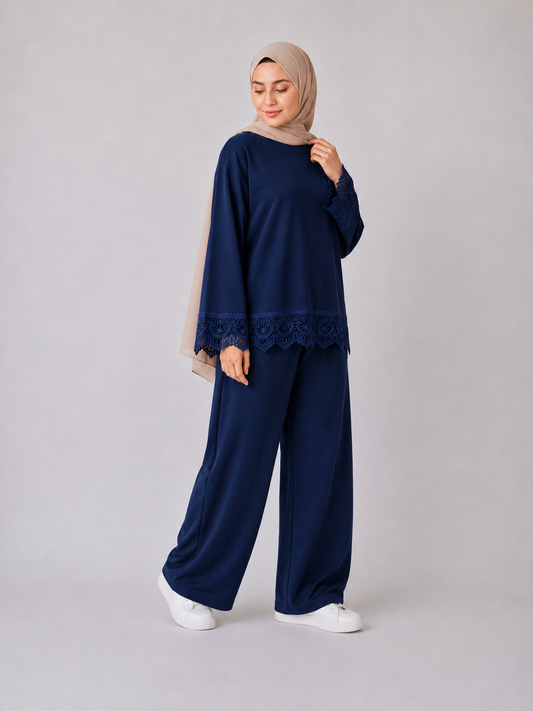 Misska Navy Blue Oversized Lace Top