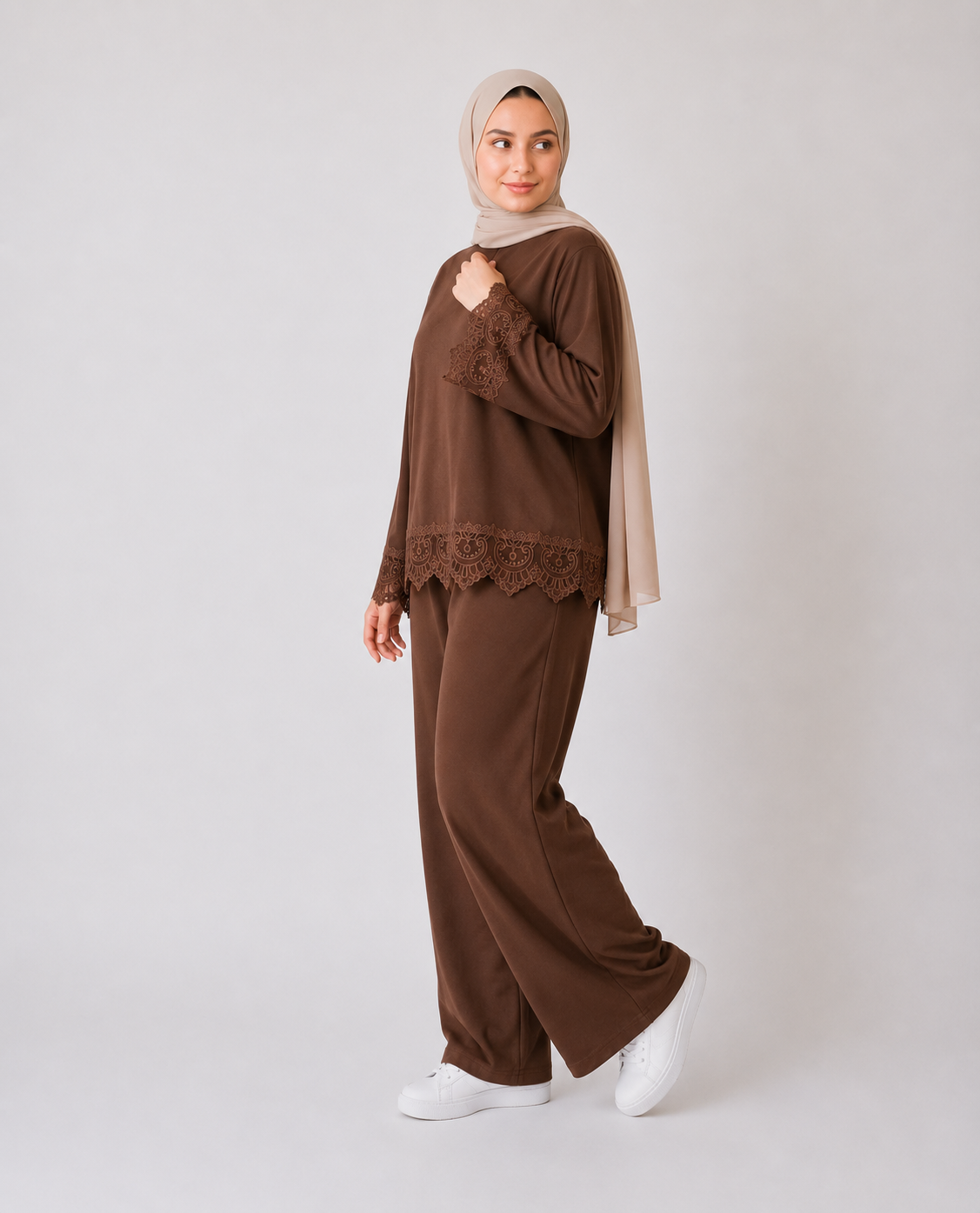 Misska Brown Oversized Lace Top
