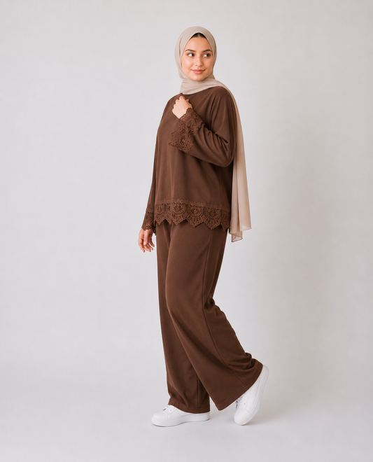 Misska Brown Oversized Lace Top