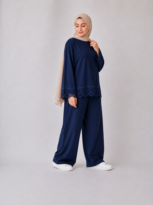Misska Navy Blue Oversized Lace Top